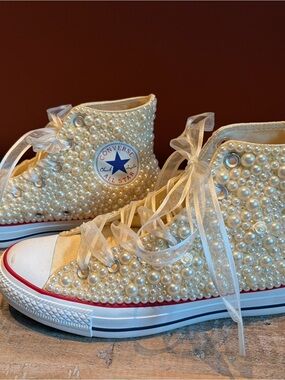 Converse High Top Pearl-Embellished Sneakers in Cream